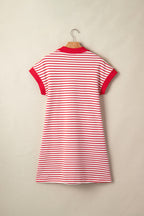 Striped Quarter Zip Polo Collar T Shirt Dress with Pockets