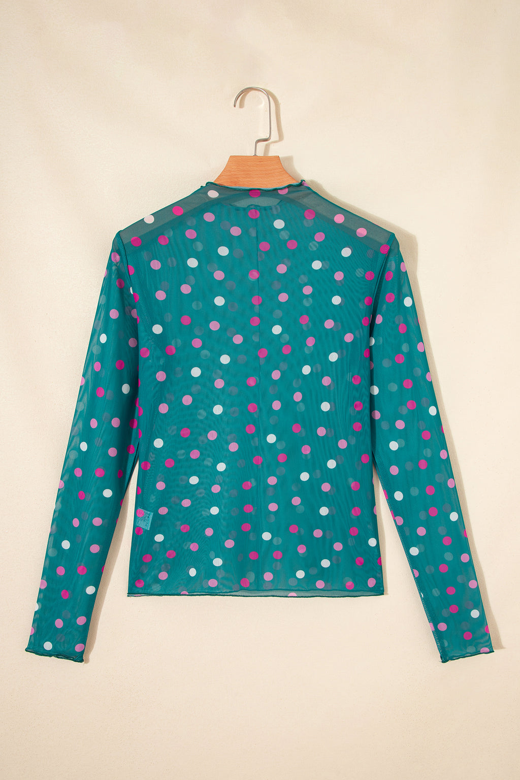 Polka Dot Patterned Bodycon Mock Neck Mesh Long Sleeve Top