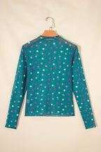 Polka Dot Patterned Bodycon Mock Neck Mesh Long Sleeve Top