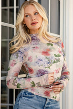 Apricot Floral Mesh Long Sleeve Thumbhole Hem Pullover
