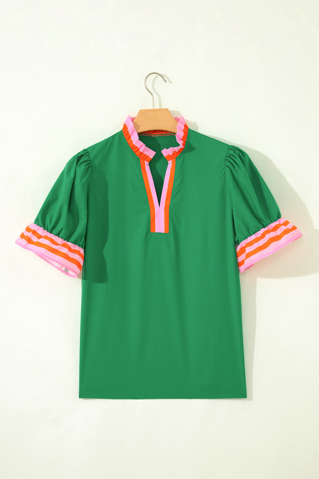 Striped Frilled Collar Ruffled Short Sleeve Blouse
