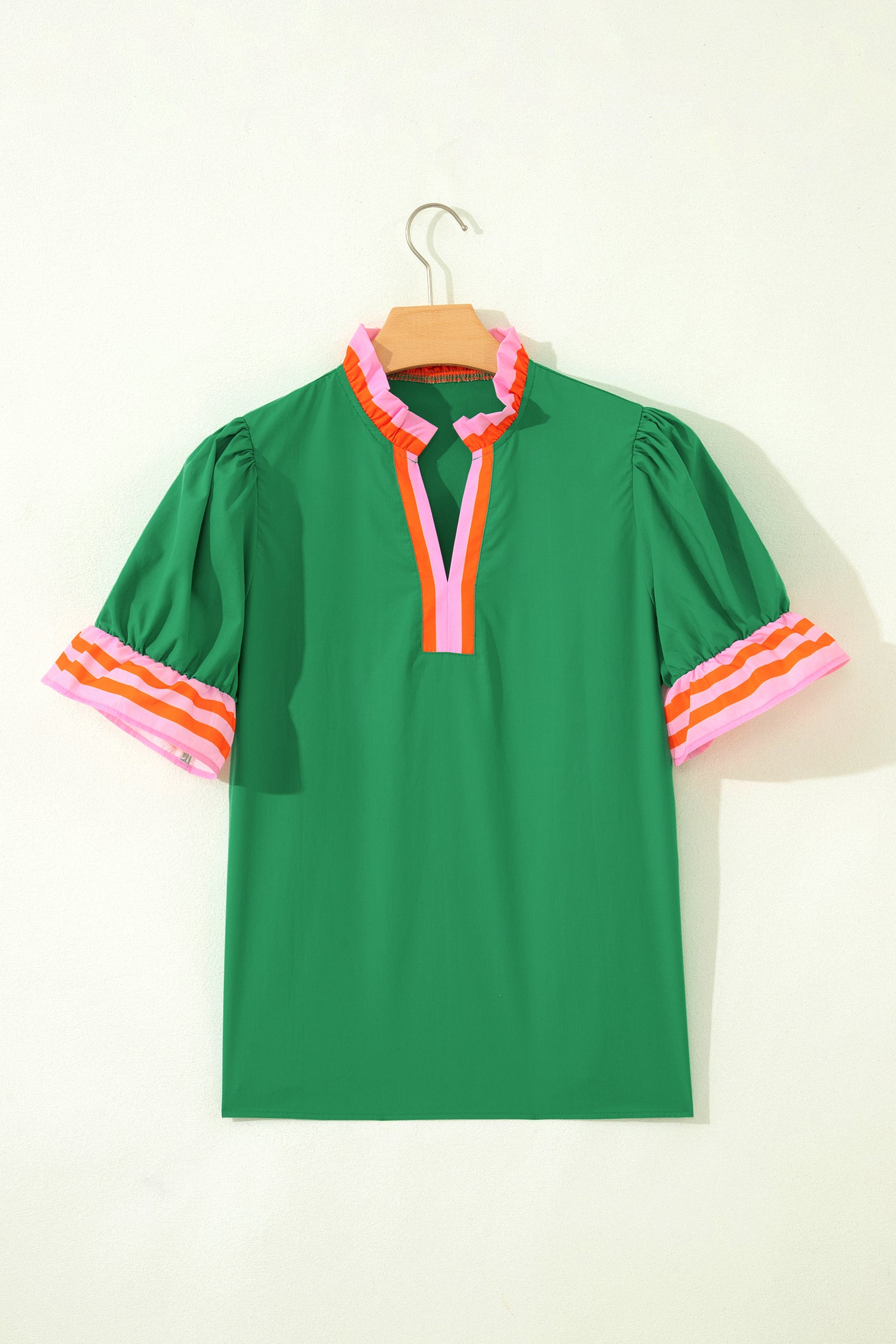 Striped Frilled Collar Ruffled Short Sleeve Blouse