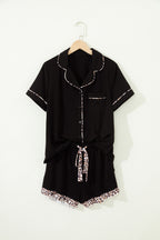 Black Leopard Patchwork Trim Lapel Shirt Drawstring Shorts 2pcs Pajama Set