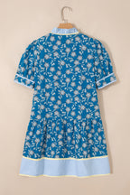 Blue Striped Trim Half Buttons Short Sleeve Floral Dress