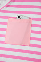 Pink Stripe Colorblock Patched Pocket V Neck Plus Size Tee