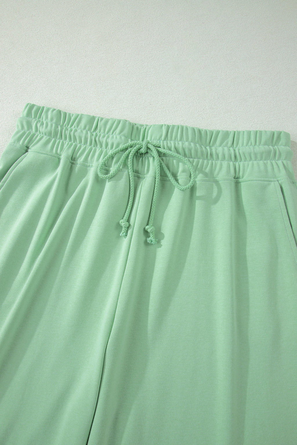 Solid Colour Ribbed Trim Short Sleeve Top Drawstring Loose Pants 2pcs Outfit
