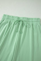 Solid Colour Ribbed Trim Short Sleeve Top Drawstring Loose Pants 2pcs Outfit