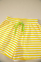 Striped Contrast Neck Loose Tee and Drawstring Shorts Set