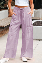Mineral Wash Exposed Seam Drawstring Elastic Waistband Wide Leg Cargo Pants