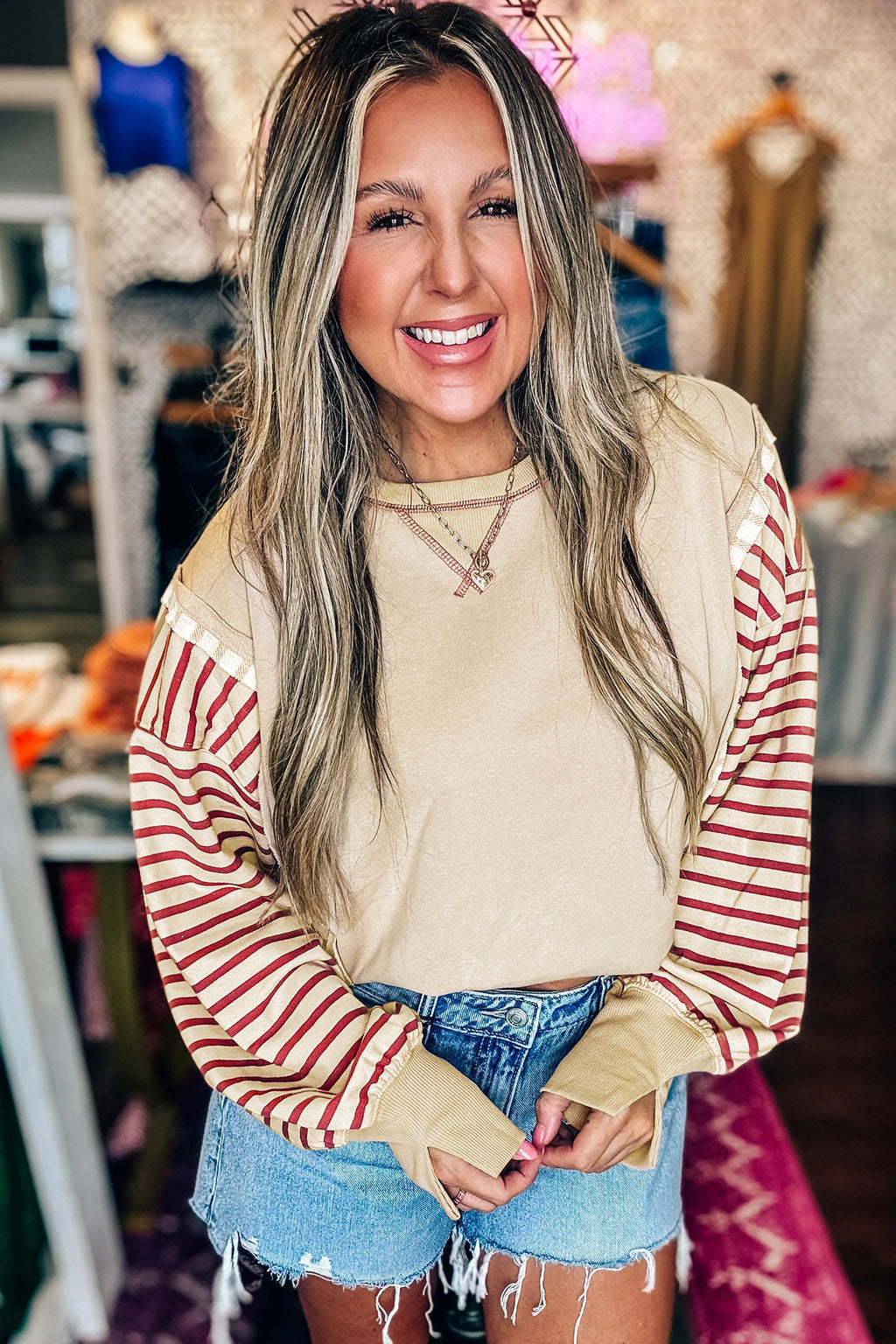 Striped Sleeve Patchwork Casual Knit Top