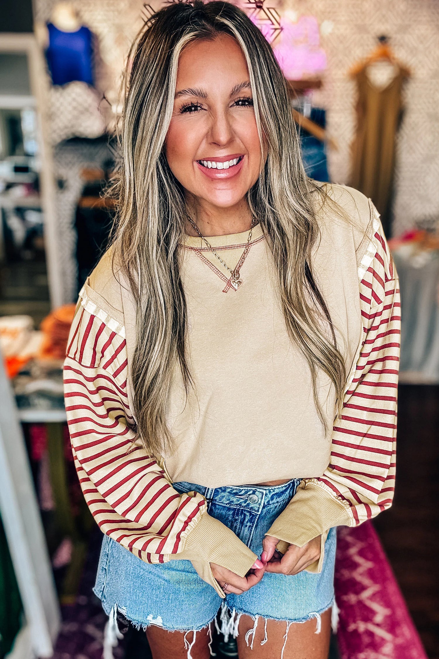 Striped Sleeve Patchwork Casual Knit Top