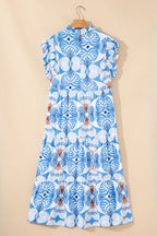 Sky Blue Tropical Botanic Print Flutter Sleeve Vacation Long Dress