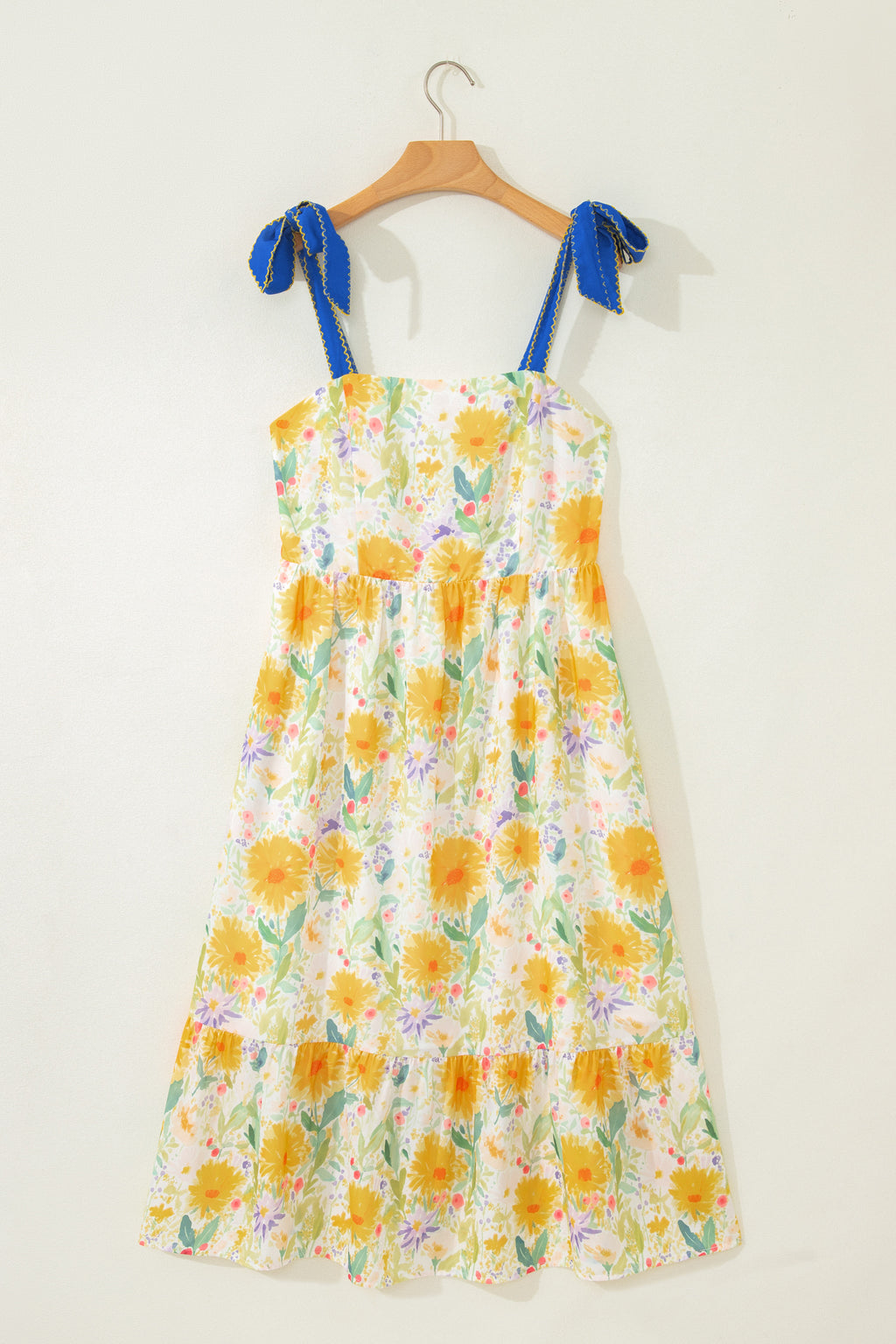 Floral Print Contrast Stitched Knot Denim Straps High Waist Dress