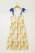 Floral Print Contrast Stitched Knot Denim Straps High Waist Dress