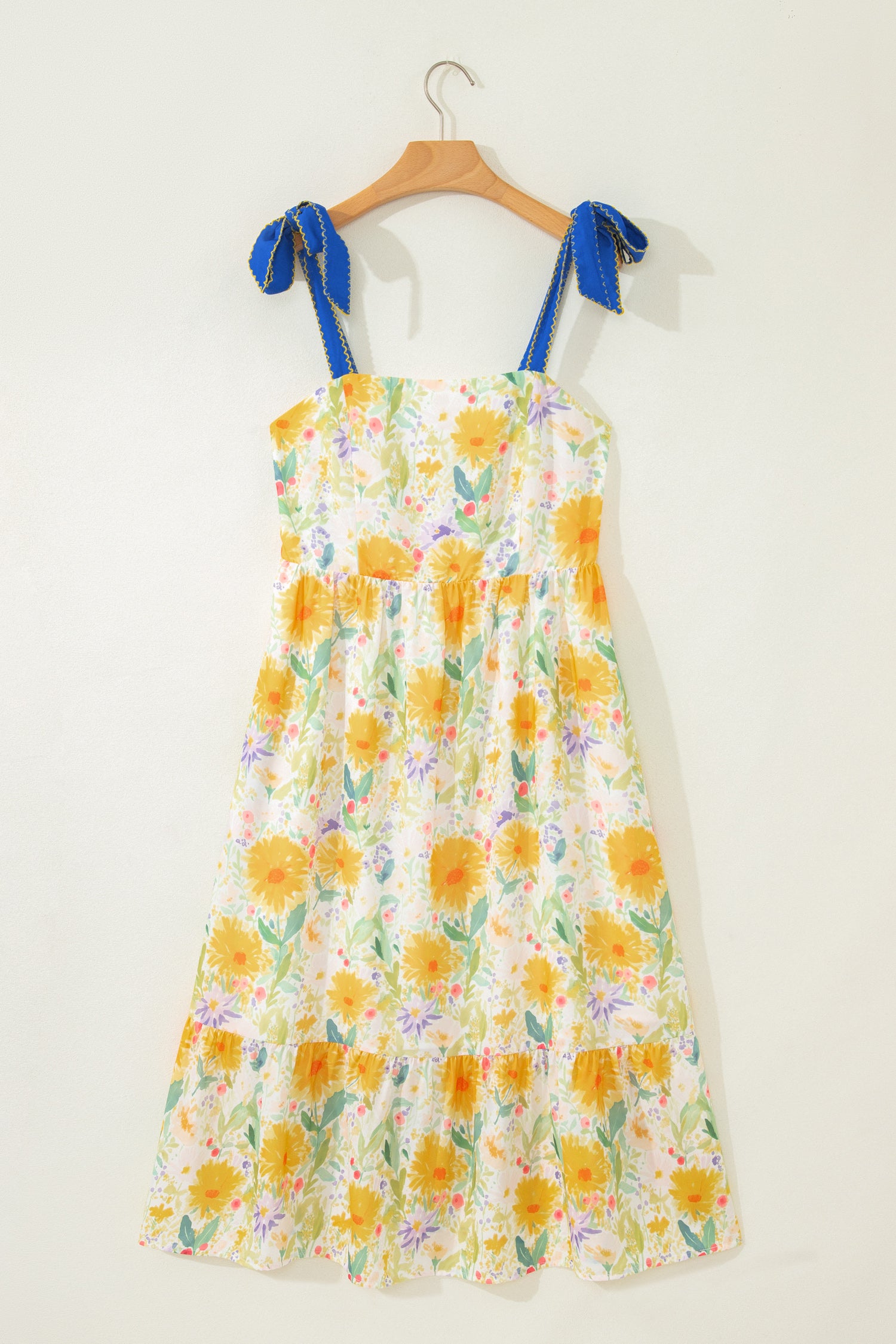Floral Print Contrast Stitched Knot Denim Straps High Waist Dress