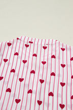 Pink Stripe Textured Heart Print Long Flounce Sleeve Shirt