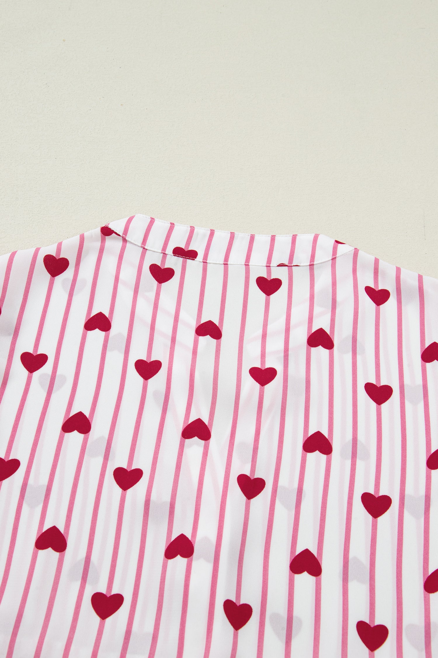 Pink Stripe Textured Heart Print Long Flounce Sleeve Shirt