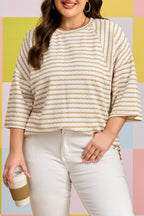 Striped Plus Size Textured Patchwork Detail Half Sleeve Top