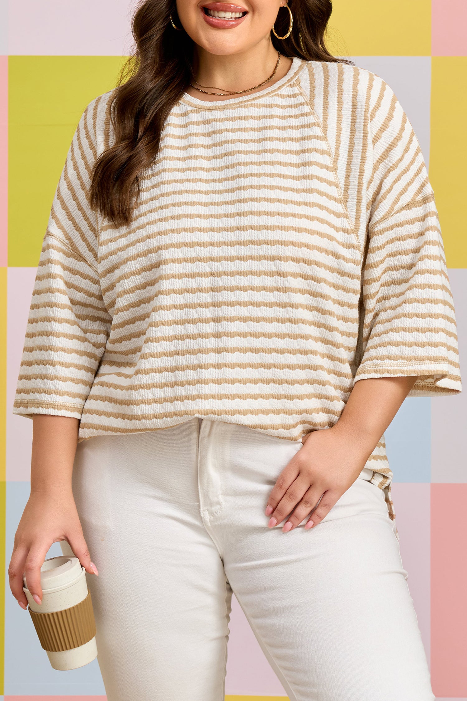 Striped Plus Size Textured Patchwork Detail Half Sleeve Top