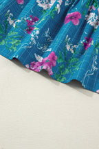 Blue Floral Flutter Sleeve Button Tie Split Neck Belted Long Dress