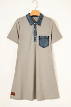 Beige Short Sleeve Ribbed Knit Denim Patchwork Polo Collar Dress