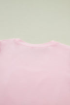 Light Pink Three Sweet Hearts Printed Sequin Trim Contrast Sleeve Patchwork Tee