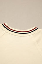 Beige Contrast Varsity Striped Neckline Cuffed Short Sleeve Loose Tunic Top