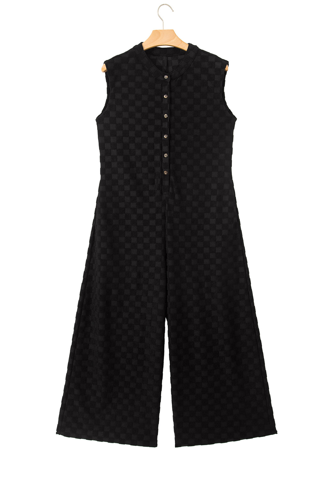 Half Buttons Sleeveless Wide Leg Textured Jumpsuit