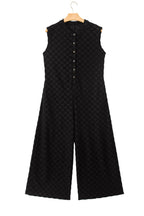 Half Buttons Sleeveless Wide Leg Textured Jumpsuit
