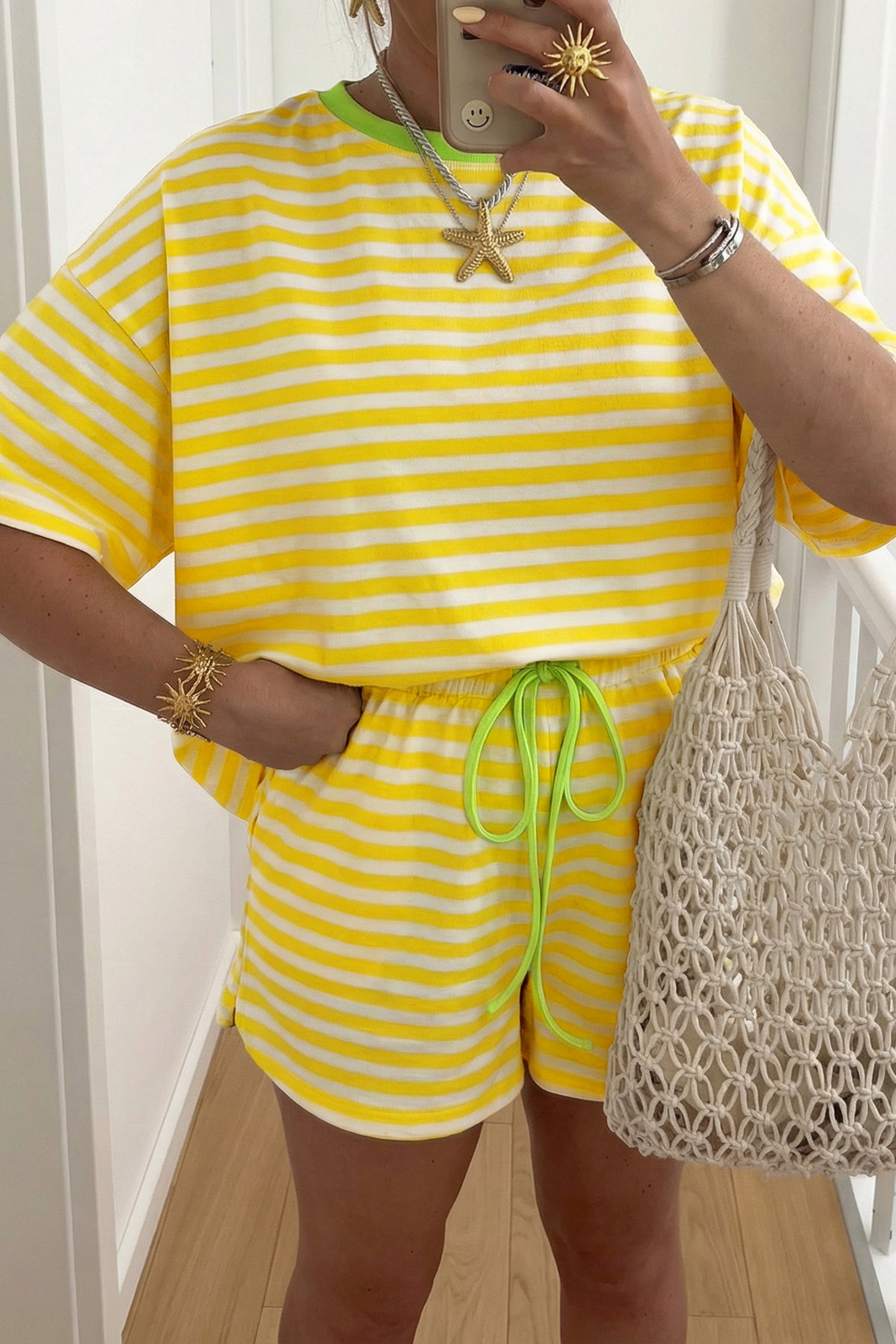 Striped Contrast Neck Loose Tee and Drawstring Shorts Set