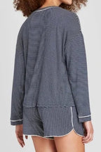 Blue Stripe Drop Shoulder Round Neck Long Sleeve Tee and Buttoned Shorts 2pcs Lounge Set