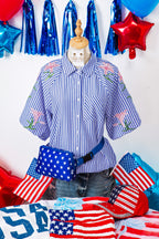 Sky Blue Stripe Lily Floral Embroidered Puff Sleeve Button Down Shirt