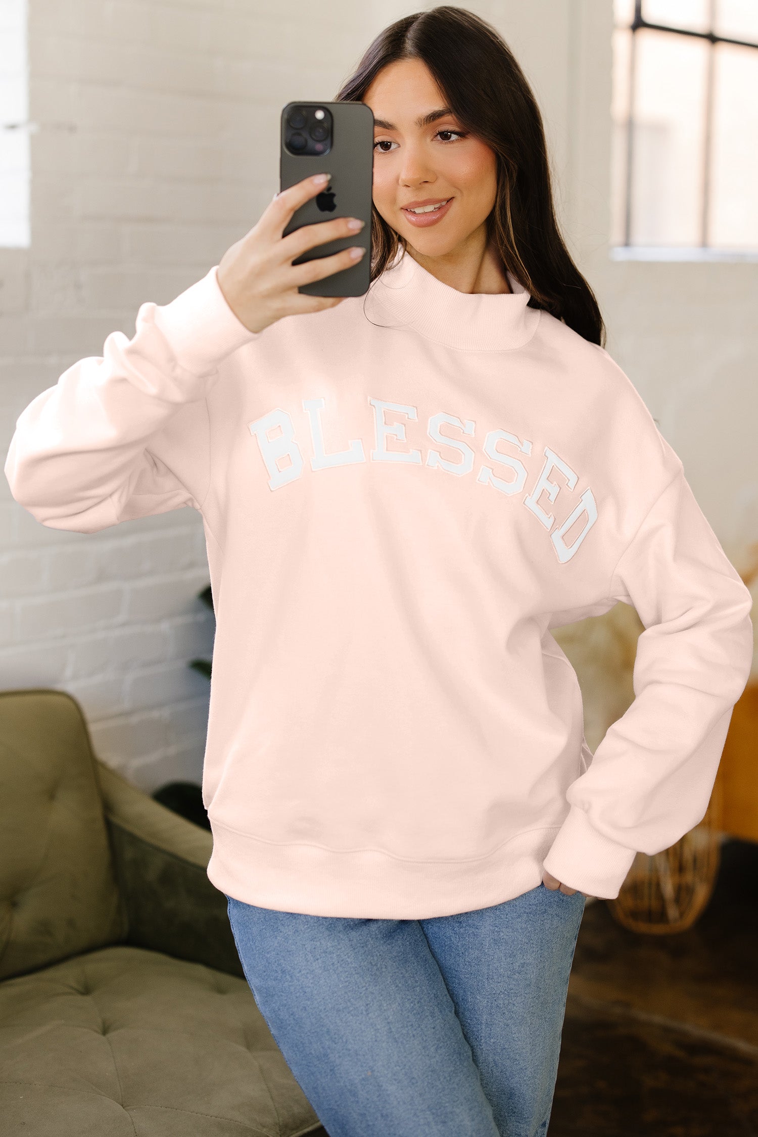 Oversize Blessed Embroidered Mock Neck Sweatshirt