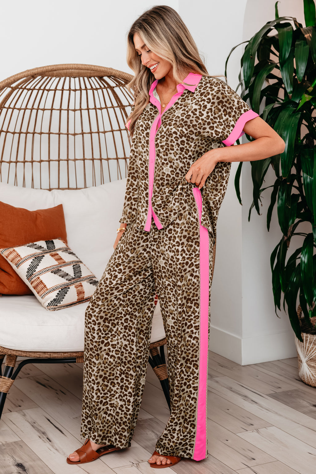 Contrast Trim Leopard Top and Pant Set