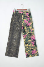 Multicolour Abstract Camouflage Print Contrast Leopard Patchwork Straight Leg Jeans