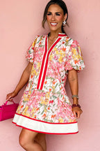 Pink Color Block Floral Print Contrast Trim V Neck Ruffle Hem Mini Dress