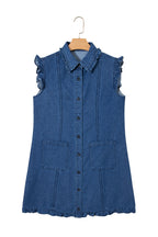 Sail Blue Ruffled Edge Collared Shift Denim Dress with Pockets