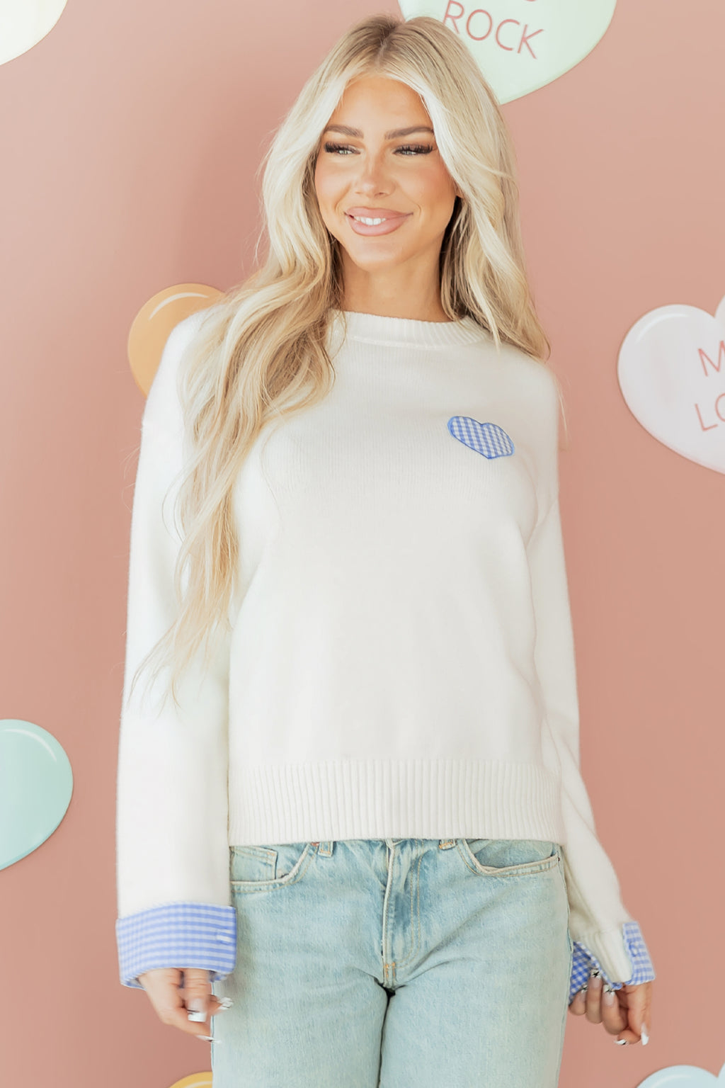 Plaid Heart Embroidered Cuffed Drop Shoulder Crew Neck Sweater