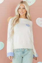 Plaid Heart Embroidered Cuffed Drop Shoulder Crew Neck Sweater