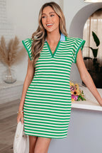 Stripe Print Contrast Collar Split Neck Flutter Sleeve Short Dress