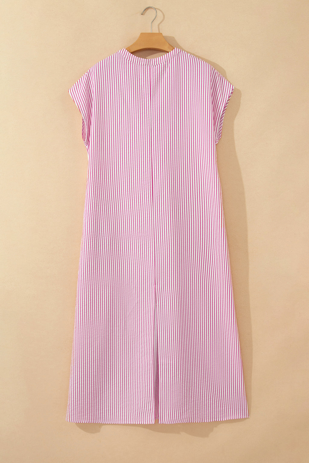 Striped Frilled Detail Half Buttons Short Sleeve Long Dress