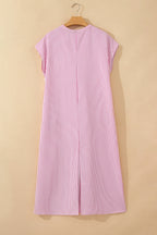Striped Frilled Detail Half Buttons Short Sleeve Long Dress
