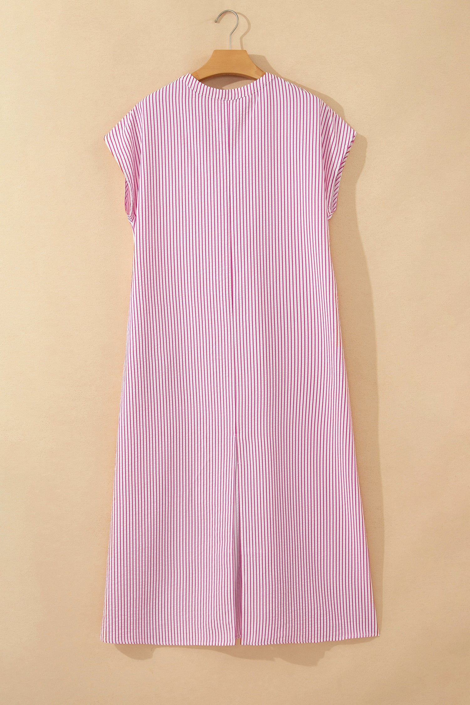 Striped Frilled Detail Half Buttons Short Sleeve Long Dress