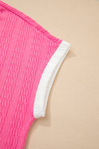 Bright Pink Textured Color Block Trim Loose Tee Drawstring Shorts 2pcs Set