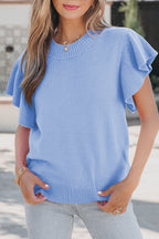 Solid Color Ribbed Trim Round Neck Ruffle Short Sleeve Sweater