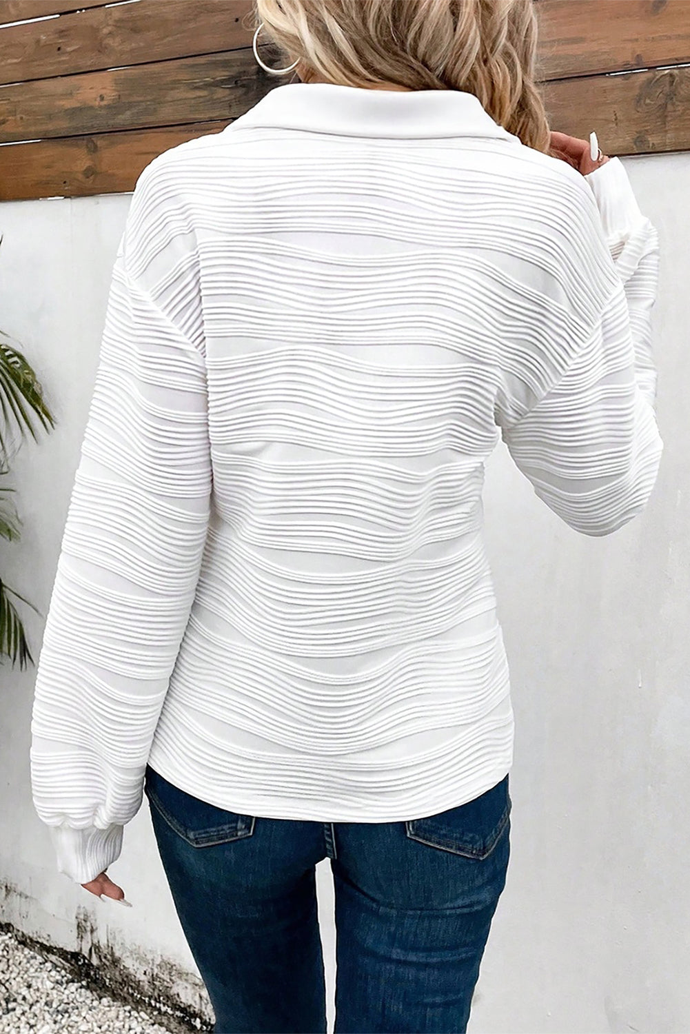 Solid Color Textured Zip V Neck Pullover Sweatshirt
