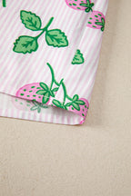 Pink Striped Strawberry Printed Color Block Patchwork V Neck Flutter Sleeve Blouse