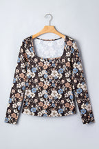 Black Floral Print Slim Long Sleeve T Shirt