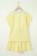 Yellow Stripe Colorblock Trim V Neck Tee Drawstring Elastic Waist Short Set