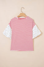 Red Stripe Floral Puff Sleeve Patchwork Round Neck Loose Top